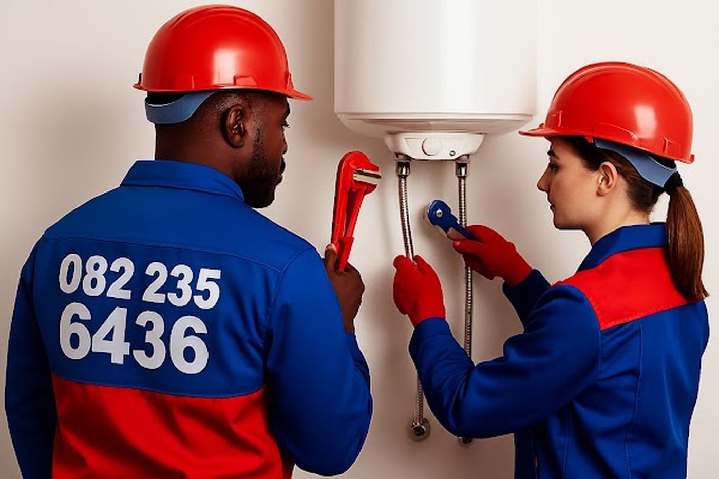 Plumbers servicing a geyser in a Garsfontein home