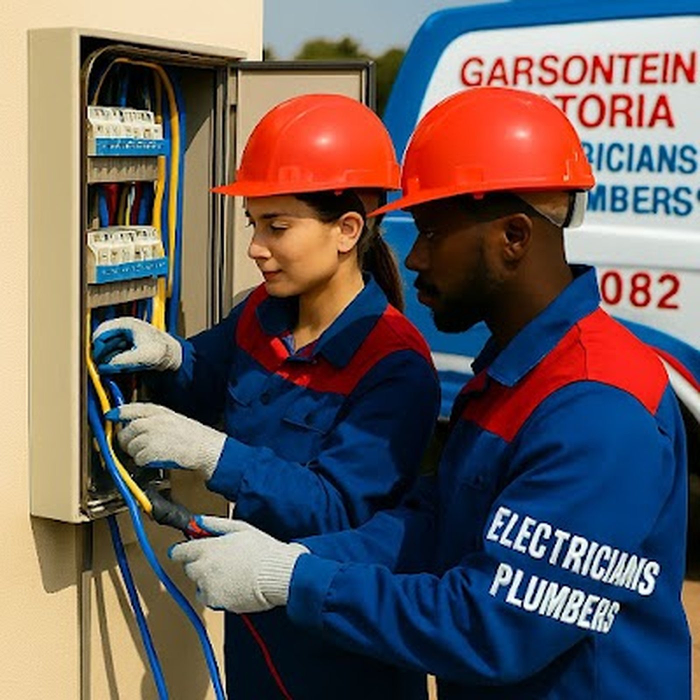 Electricians working inside an open DB board in Garsfontein